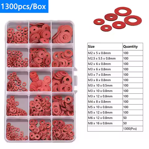 1300Pcs/Box Red Steel Paper Fiber Insulating Flat Washer M2.5 M3.5 M4 M5 M6 M8 Insulation Plain Gask