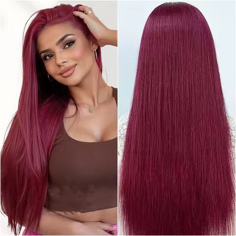 Fashion 99J Deep Red Silky Straight Human Hair Lace Front Wig 13x4 13x6 HD Lace Frontal Wigs For Wom