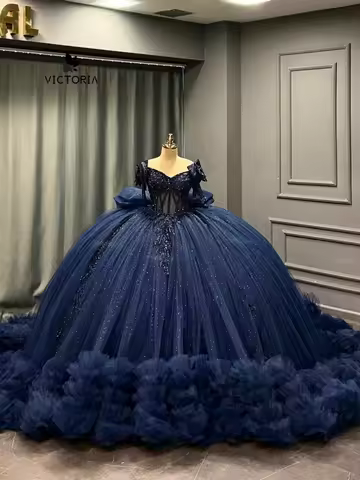 Navy Blue Detachable Train Quinceanera Dress Mexican Birthday Prom Dresses Ball Gown 15 Year Old Dre