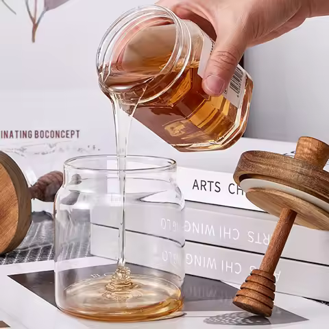 Glass Storage Bottles with Dipper Lid Honey Jars Wide Mouth Honey Containers Syrup Dispenser for Sto