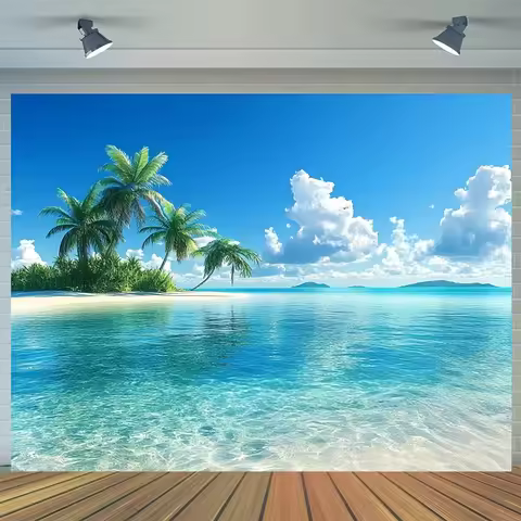 2D plane, 2D plane banner - tropical beach background with palm trees and clear blue waters, ocean b
