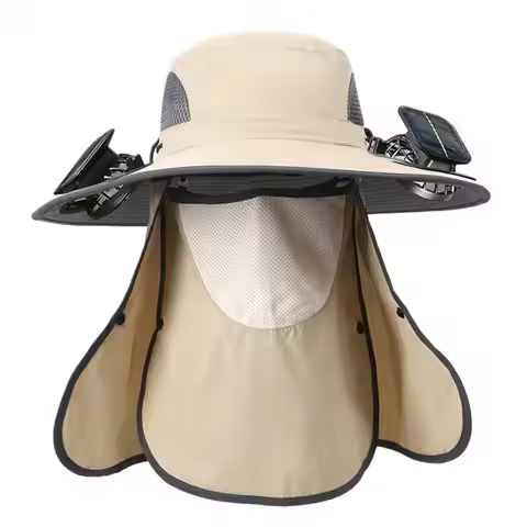 New 2025 Wide Brim Sun Hat with 2 Solar Fan Bucket Hat with Neck Flap Face Guard Adjustable Fan Hat