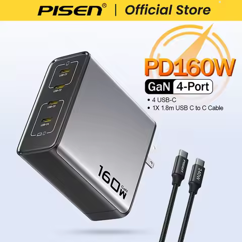 PISEN 160W GaN Charger 4 USB C Port & 1.8m Fast Charging Cable PD3.1 Quick Charger for MacBook Lapto
