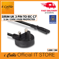 SIRIM UK 3 Pin Plug to IEC C7 Figure 8 Power Cable 1.8M 3M BS1363 Fused for TV Soundbar PS5 PS4 Xbox