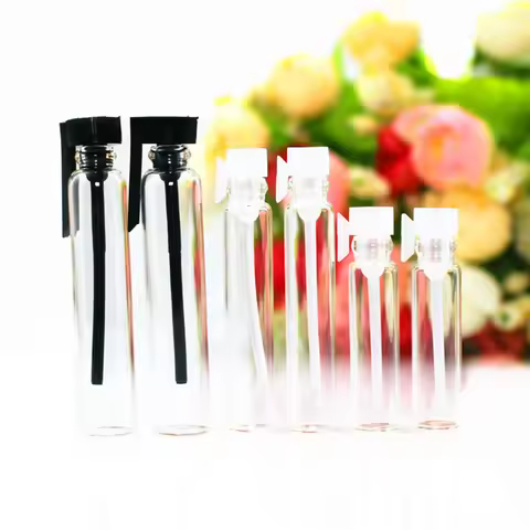 50pcs/lot 1ml 2ml 3ml Clear Perfume Glass Bottle 3cc Sample Vials Test Bottles with Black Stopper Fr