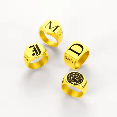 U7 Laser Engrave Upper Case Initial Letter Rings Round Hexagon Square Stainless Steel Name Signet Ri