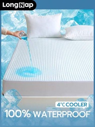 LongNap™ ChillTech 1入組ChillTech 100％防水冷卻提花床墊保護套，Tattan拼花加厚冷卻床墊套，14英寸/ 35厘米深袋，適用於易出汗的熱夜和夜間盜汗者，藍白色