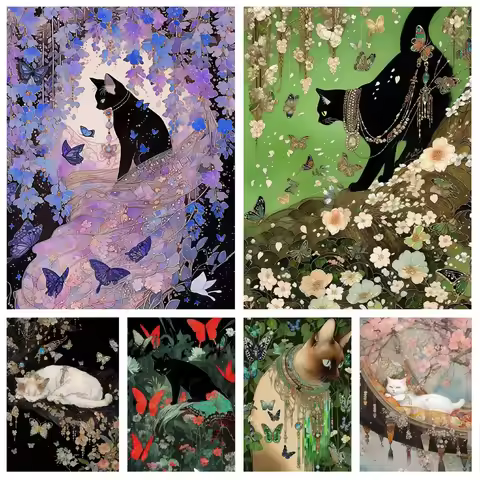 Diamond Painting Animal Black Cat Butterfly Flower Diamond Mosaic Handmade Art Exquisite Creative Gi