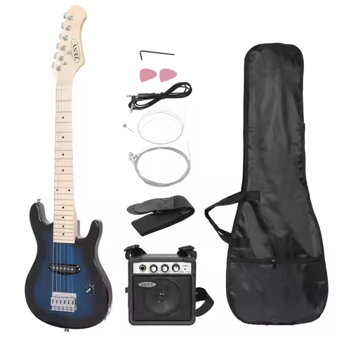 30" Blue Full Size Beginner Electric Guitar Set with Case Strap Capo Strings