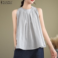 Zanzea phong cách hàn quốc nữ nữ cổ tròn Áo Ba Lỗ Sọc A-line không tay xếp li #0519