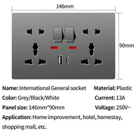 Universal Wall Socket with USB-C and USB Charger, 2 Gang Power Outlet with Switches, Flush Mount AC 