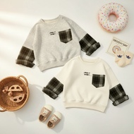 [HokkyDot]|B59 B59|Children Round Neck Sweatshirt|Check Stitching Fake Two-Piece Sleeve Loose Casual