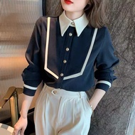 2023 Spring and Autumn Long-Sleeved Shirt Women's Fashion Colorblock Anti-Aging Elegant Top Fashion 