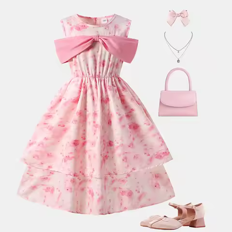 Princess Dress Pink O-Neck Sleeveless Bowkont Floral Printed Tiered Dress For Girls 8-12 Years Summe