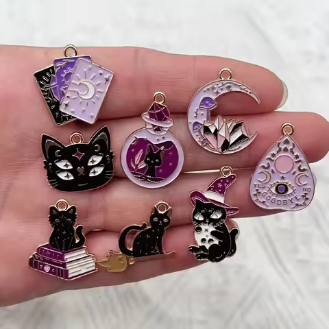 8 Gilded Cat Charms for Jewelry Making - Enamel Pendants Featuring Witches, Books, the Moon, and Cel