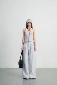 Set Áo Corset Gile Kẻ Sọc Cổ Yếm và Quần Kẻ Sọc Ống Rộng Phối Ren Đen - HOO DESIGN