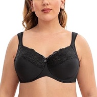 Women's Full Coverage Floral Lace Underwire No Padding Minimiser Bra, black, 44J