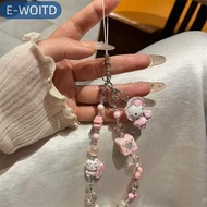 E-WOITD Dễ thương Hello Kitty Bow đính cườm chuỗi điện thoại tay dây thừng Keychain Mặt dây Keyring