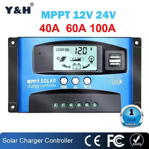 Y&H MPPT Solar Charge Controller 40A 60A 100A with Load/Dual USB /LCD 12V 24V Auto Solar Panel Charg