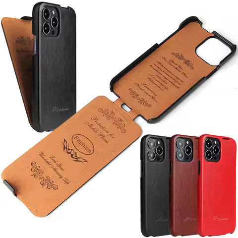Vertical Flip Leather Case For iPhone 13 14 15 Pro Max mini Retro Vintage Fold up and down Cover