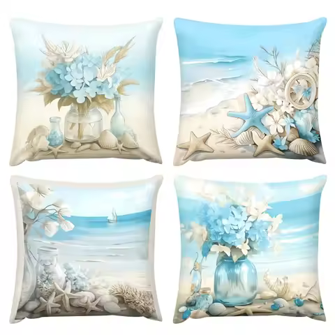 4 fundas cojín con diseño inspirado en el océano | Estampado a una cara con flores azules, estrellas