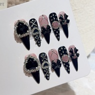 Menhera Y2K Gyaru Style Pink Black Long Tip Handmade Press On Nails Jirai Bow Love Glitter Fake Nail
