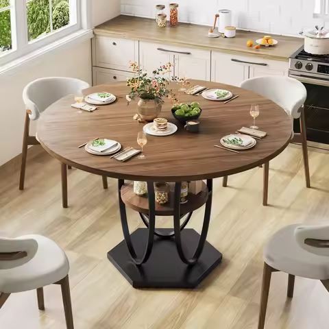 47-Inch Round Dining Table | 4–6 Seater Kitchen Table | Wooden Round Dining Table | Ideal for Home a