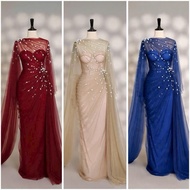 SIZE>65KG BODY DRESS Mesh fishtail with stone flowers and flared sleeves
