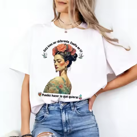 Frida Kahlo T-Shirt Latina Feminist Icon Tee Women Crewneck Cotton Short Sleeve Feminism Tshirt Vint