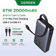 UGREEN 20000mAh 65W Built in USB C Cable 3 Ports Fast Charging Power Bank Powerbank for iPhone 16 Pr