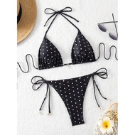Peachy bikini - Women's black polka dot bikini with beach charm