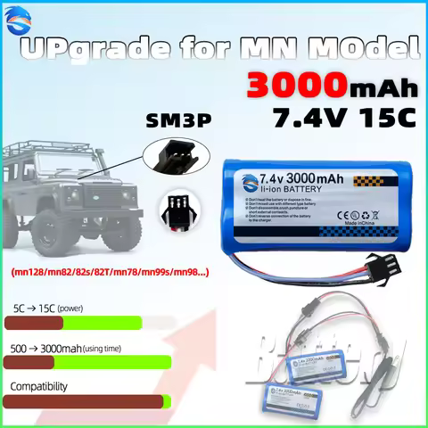 skymaker sm3p plug 7.4V 2s 3000mAh Rechargeable Battery(li-ion) with Protection Board for mn128 mn82