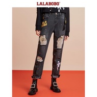 LALABOBO破洞修身顯瘦高腰哈倫褲