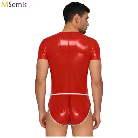 Mens Lingerie One Piece Bodysuit Swimwear Glossy PU Rompers Question Mark Graphic Bulge Pouch Bodyco