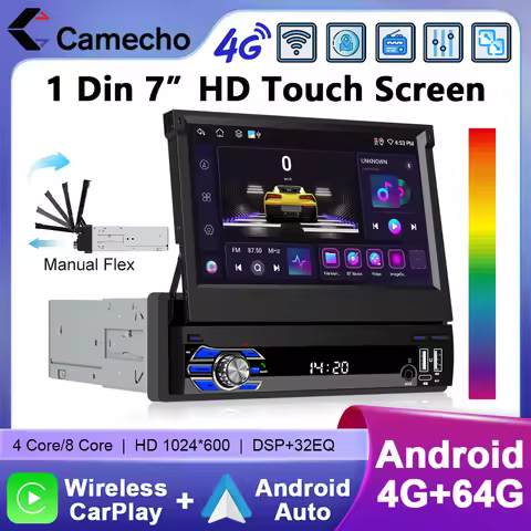 Camecho 4+64G 7 Inch Retractable IPS Screen 1 Din Car Radio Carplay Android Auto GPS Stereo 1Din Mul
