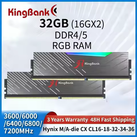 KingBank Ram DDR5 RGB 16GBX2 3600/6000/6400/6800/7200MHz Hynix A/M-die CL16-18-32-34-36 Desktop Gami