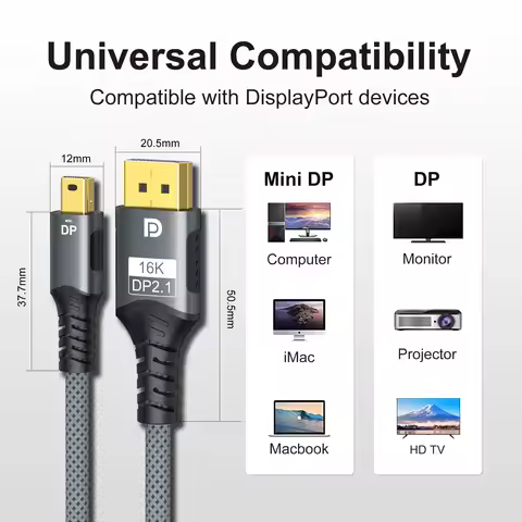 16K Mini DisplayPort to DisplayPort Cable DP2.1 Adapter 54Gbps 8K@60HZ 4K@240HZ Bi-Directional for G