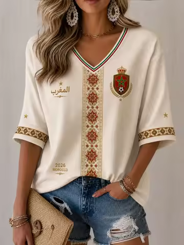 Women's Morocco Football Printed Short-Sleeved T-Shirt Football Cultural T-Shirt