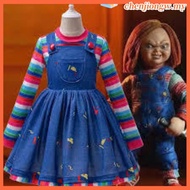 Horror Movie Chucky Doll Cosplay Costume For Kids Striped Top+Print Suspender Dress For Little Girl 