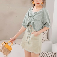 OB High-Containing Cotton High-Waisted Staggered Breasted Buttoned Drawstring A-Line Skirt < CA2013 