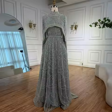 Wasisi Hijab Muslim Nude A Line Long Cape Luxury Dubai Evening Dresses Gowns 2025 For Occasion ELA72