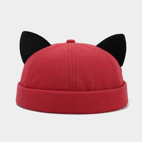 Cat Ears Brimless Hat Rolled Cuff Retro Docker Hat Adjustable Beanie Hat Cute Docker Caps for Women 