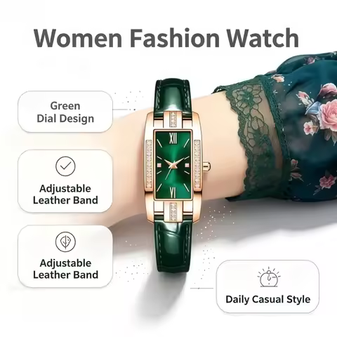 2026 New Women's fashion watches, women's quartz watches, green dial watches, simple leather cases,