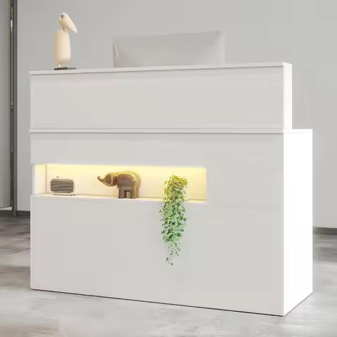 Reception Desk with LED Lights and Power Outlets, Retail Counter Reception Counter Table with Drawer
