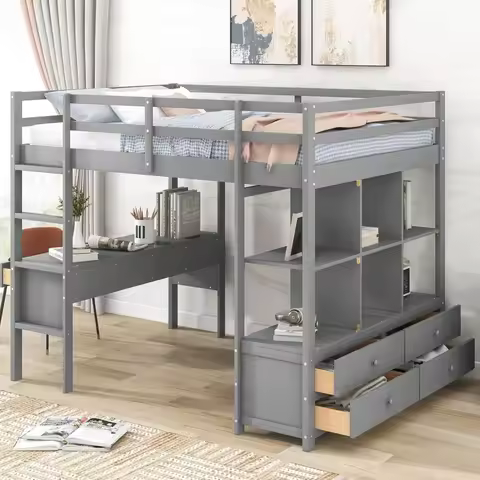 Full Size Loft Bed with Desk & Storage Cabinet, Wood Full Loft Bed Frame with Bookcase & Shelves, Mo