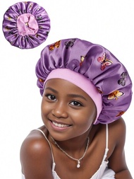 1 件裝兒童帽子,蝴蝶印花寬邊,鬆緊帶,時尚髮帽,適合日常使用和睡眠
