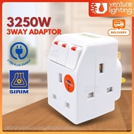 [SIRIM] 13A 3 Way 3 Pin Multi-Adaptor with LED indicator Light, Easy for 2 Pin Plug Extension Plug D131N / 131UK