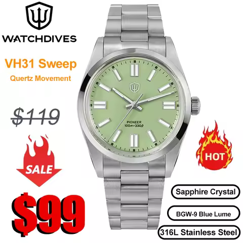 Watchdives WD1016 V3 Watch VH31 Sweep Second Movement Slim Case Sapphire Crystal 100m Waterproof Lum