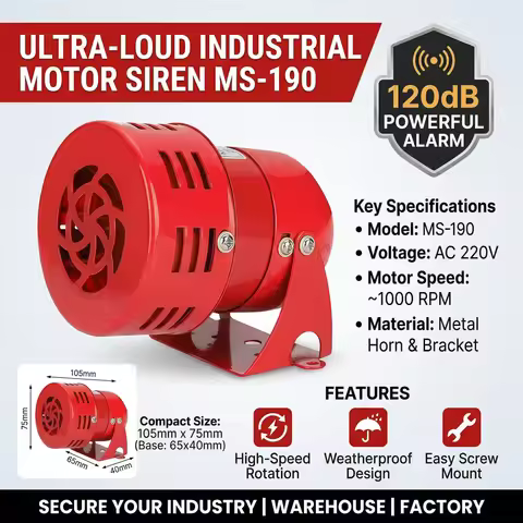 Powerful 120dB Mini Motor Siren MS-190, Metal Horn Alarm 220V, Industrial Rotating Warning Light/Sir