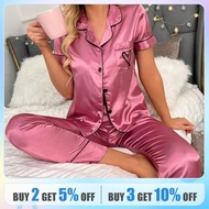 Women's Pajama Pocket Heart Embroidered Pajama Set Satin Comfortable Short Sleeve Button Pajama Lounge Pant For Women Sleepwear